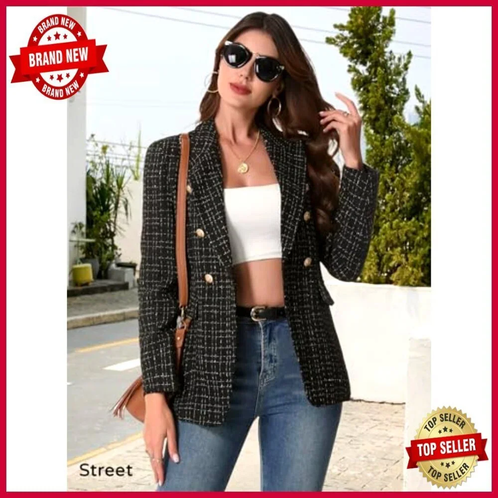 Women's Tweed Plaid Blazer Jacket Fully Lined Business Casual Coat